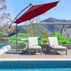 10 Ft. Steel Solar Lighted Cantilever Patio Umbrellas With Sandbag Weighted Base In Red -Jearey cantilever umbrellas 10dzxj red d4 1000