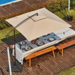 8 Ft. X 8 Ft. 2-Tier Steel Cantilever Outdoor Offset Patio Umbrella With Sandbag And Cross Base In Beige -Jearey cantilever umbrellas 8x8xjs sd be 31 1000