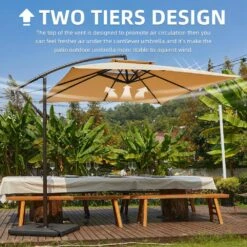 8 Ft. X 8 Ft. 2-Tier Steel Cantilever Outdoor Offset Patio Umbrella With Sandbag And Cross Base In Beige -Jearey cantilever umbrellas 8x8xjs sd be d4 1000