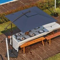 8 Ft. X 8 Ft. 2-Tier Steel Cantilever Outdoor Offset Patio Umbrella With Sandbag And Cross Base In Navy -Jearey cantilever umbrellas 8x8xjs sd ny 31 1000