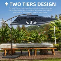 8 Ft. X 8 Ft. 2-Tier Steel Cantilever Outdoor Offset Patio Umbrella With Sandbag And Cross Base In Navy -Jearey cantilever umbrellas 8x8xjs sd ny d4 1000
