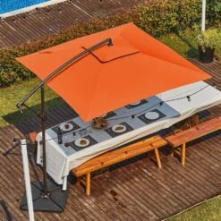 8 Ft. X 8 Ft. 2-Tier Steel Cantilever Outdoor Offset Patio Umbrella With Sandbag And Cross Base In Orange -Jearey cantilever umbrellas 8x8xjs sd oe 31 1000