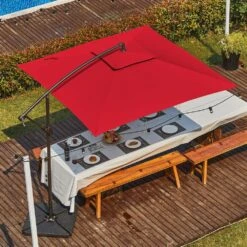 8 Ft. X 8 Ft. 2-Tier Steel Cantilever Outdoor Offset Patio Umbrella With Sandbag And Cross Base In Red -Jearey cantilever umbrellas 8x8xjs sd rd 31 1000