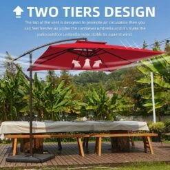 8 Ft. X 8 Ft. 2-Tier Steel Cantilever Outdoor Offset Patio Umbrella With Sandbag And Cross Base In Red -Jearey cantilever umbrellas 8x8xjs sd rd d4 1000