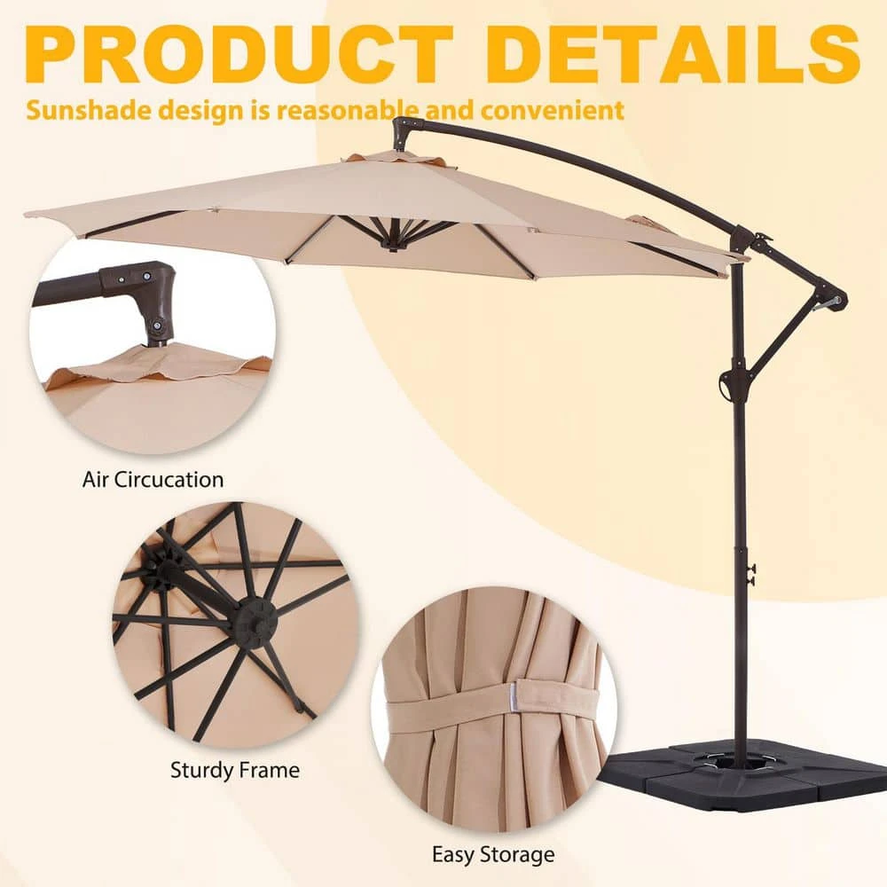 10ft Cantilever Offset Patio Umbrella With Weighted Base In Beige 4 10ft Cantilever Offset Patio Umbrella With Weighted Base In Beige - Image 4