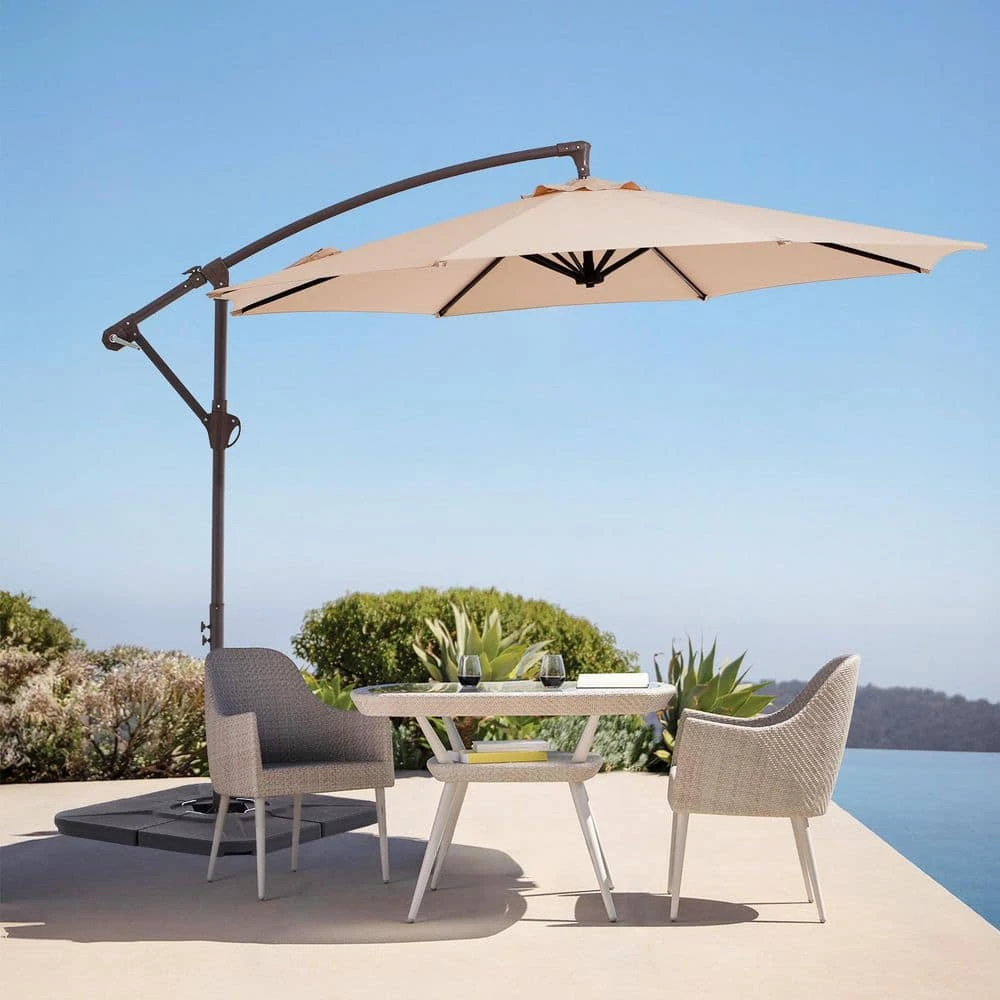 10ft Cantilever Offset Patio Umbrella With Weighted Base In Beige 1 10ft Cantilever Offset Patio Umbrella With Weighted Base In Beige