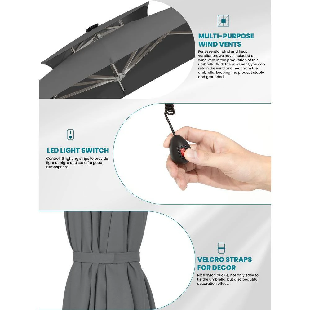 Rectangular 10 Ft. X 10 Ft. Aluminum Solar Lighted Cantilever Patio Umbrella With Cover In Gray 5 Rectangular 10 Ft. X 10 Ft. Aluminum Solar Lighted Cantilever Patio Umbrella With Cover In Gray - Image 5