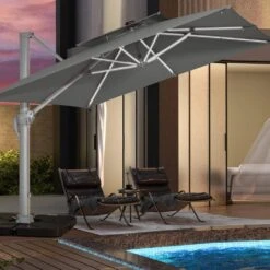 Rectangular 10 Ft. X 10 Ft. Aluminum Solar Lighted Cantilever Patio Umbrella With Cover In Gray 14 Rectangular 10 Ft. X 10 Ft. Aluminum Solar Lighted Cantilever Patio Umbrella With Cover In Gray -Jearey cantilever umbrellas bet10x10 dt gy d4 1000