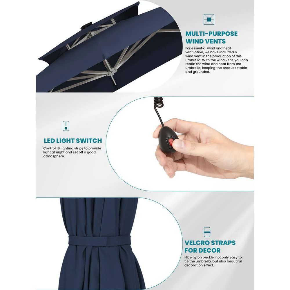 Rectangular 10 Ft. X 10 Ft. Aluminum Solar Lighted Cantilever Patio Umbrella With Cover In Navy 5 Rectangular 10 Ft. X 10 Ft. Aluminum Solar Lighted Cantilever Patio Umbrella With Cover In Navy - Image 5