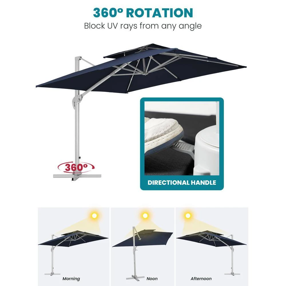 Rectangular 10 Ft. X 10 Ft. Aluminum Solar Lighted Cantilever Patio Umbrella With Cover In Navy 3 Rectangular 10 Ft. X 10 Ft. Aluminum Solar Lighted Cantilever Patio Umbrella With Cover In Navy - Image 3