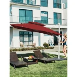 Rectangular 10 Ft. X 10 Ft. Aluminum Solar Lighted Cantilever Patio Umbrella With Cover In Red