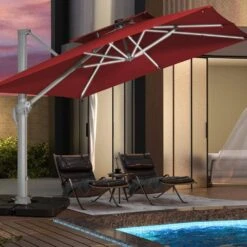 Rectangular 10 Ft. X 10 Ft. Aluminum Solar Lighted Cantilever Patio Umbrella With Cover In Red -Jearey cantilever umbrellas bet10x10 dt rd d4 1000