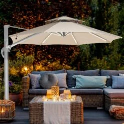 Deluxe 11 Ft. Aluminum Cantilever Solar Patio Umbrella With LED Light Tubes In Beige -Jearey cantilever umbrellas bet11 dt be 31 1000