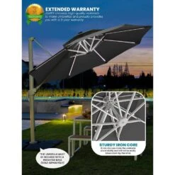 Deluxe 11 Ft. Aluminum Cantilever Solar Patio Umbrella With LED Light Tubes In Gray -Jearey cantilever umbrellas bet11 dt gy 1d 1000