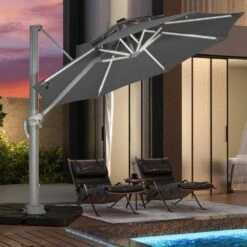 Deluxe 11 Ft. Aluminum Cantilever Solar Patio Umbrella With LED Light Tubes In Gray