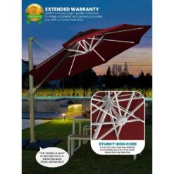 Deluxe 11 Ft. Aluminum Cantilever Solar Patio Umbrella With LED Light Tubes In Red -Jearey cantilever umbrellas bet11 dt rd 1d 1000