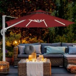 Deluxe 11 Ft. Aluminum Cantilever Solar Patio Umbrella With LED Light Tubes In Red -Jearey cantilever umbrellas bet11 dt rd 31 1000