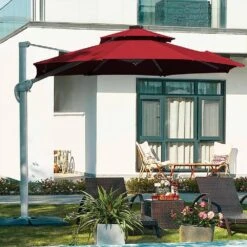 Deluxe 11 Ft. Aluminum Cantilever Solar Patio Umbrella With LED Light Tubes In Red -Jearey cantilever umbrellas bet11 dt rd 76 1000