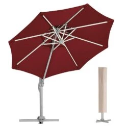 Deluxe 11 Ft. Aluminum Cantilever Solar Patio Umbrella With LED Light Tubes In Red -Jearey cantilever umbrellas bet11 dt rd e1 1000