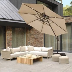 Double Top 11 Ft.Outdoor Cantilever Umbrella With Base And Cover,Heavy-Duty 360° Rotation Patio Umbrella In Beige -Jearey cantilever umbrellas boerte12 beige 31 1000