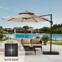 Double Top 11 Ft.Outdoor Cantilever Umbrella With Base And Cover,Heavy-Duty 360° Rotation Patio Umbrella In Beige