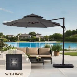 Double Top 11 Ft.Outdoor Cantilever Umbrella With Base And Cover,Heavy-Duty 360° Rotation Patio Umbrella In Gray