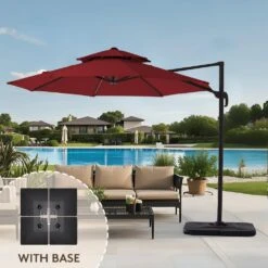 Double Top 11 Ft.Outdoor Cantilever Umbrella With Base And Cover,Heavy-Duty 360° Rotation Patio Umbrella In Red
