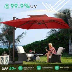 SunShade Deluxe 11 Ft. Square Cantilever Umbrella With Cover Heavy-Duty 360° Rotation Patio Umbrella In Red -Jearey cantilever umbrellas djfx11 rd fa 1000