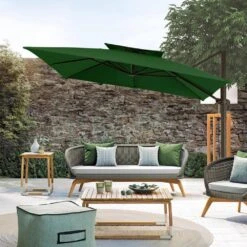 10 Ft. Square Cantilever Umbrella Patio Rotation Outdoor Umbrella With Cover In Dark Green