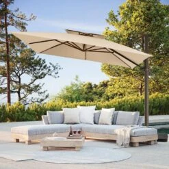 11 Ft. Square Cantilever Umbrella Patio Rotation Outdoor Umbrella With Cover In Beige