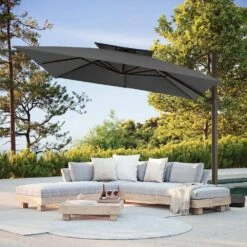 11 Ft. Square Cantilever Umbrella Patio Rotation Outdoor Umbrella With Cover In Gray