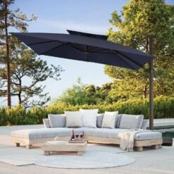 11 Ft. Square Cantilever Umbrella Patio Rotation Outdoor Umbrella With Cover In Navy