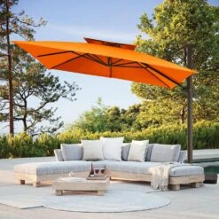 11 Ft. Square Cantilever Umbrella Patio Rotation Outdoor Umbrella With Cover In Orange