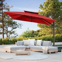 11 Ft. Square Cantilever Umbrella Patio Rotation Outdoor Umbrella With Cover In Red