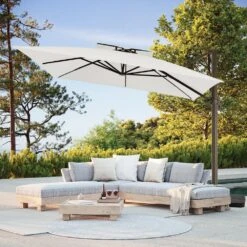 11 Ft. Square Cantilever Umbrella Patio Rotation Outdoor Umbrella With Cover In Off-White