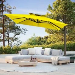 11 Ft. Square Cantilever Umbrella Patio Rotation Outdoor Umbrella With Cover In Yellow