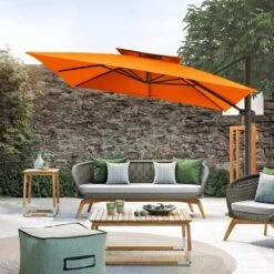 12 Ft. X 12 Ft. Square Outdoor Cantilever Umbrella Orange Patio 2-Tier Top Rotation Umbrella With Cover