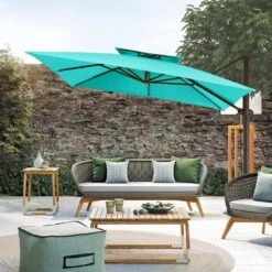 12 Ft. X 12 Ft. Square Outdoor Cantilever Umbrella Patio 2-Tier Top Rotation Umbrella With Cover In Peacock Blue