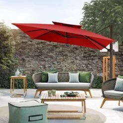 12 Ft. X 12 Ft. Square Outdoor Cantilever Umbrella Patio 2-Tier Top Rotation Umbrella With Cover In Red