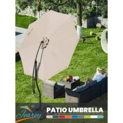 Curvy 11 Ft. Steel Large Cantilever Patio Umbrella With Sandbag And Cross Base In Beige -Jearey cantilever umbrellas s 11xjs beige 31 1000