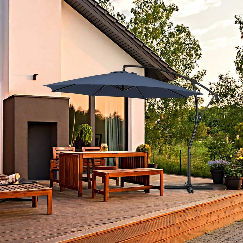 Curvy 11 Ft. Steel Large Cantilever Patio Umbrella With Sandbag And Cross Base In Navy 1 Curvy 11 Ft. Steel Large Cantilever Patio Umbrella With Sandbag And Cross Base In Navy