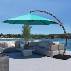 10 Ft. Aluminum Cantilever Offset Hanging Patio Umbrella With Sandbag Base And Cover In Peacock Blue