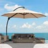 11 Ft. L Outdoor Aluminum Curvy Cantilever Offset Hanging Patio Umbrella With Sandbag Base And Cover In Beige