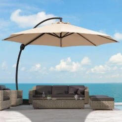 11 Ft. L Outdoor Aluminum Curvy Cantilever Offset Hanging Patio Umbrella With Sandbag Base And Cover In Beige