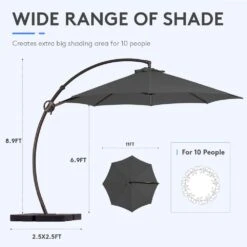 11 Ft. L Outdoor Aluminum Curvy Cantilever Offset Hanging Patio Umbrella With Sandbag Base And Cover In Gray -Jearey cantilever umbrellas tjwt11 gray 4f 1000