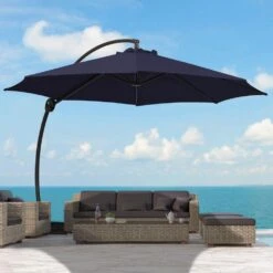 12 Ft. L Outdoor Aluminum Curvy Cantilever Offset Hanging Patio Umbrella With Sandbag Base And Cover In Navy