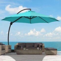12 Ft. Aluminum Cantilever Offset Hanging Patio Umbrella With Sandbag Base And Cover In Peacock Blue