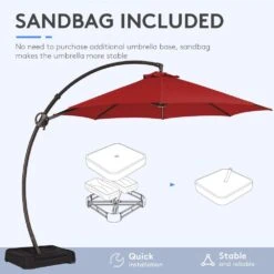 12 Ft. Large Outdoor Aluminum Curvy Cantilever Offset Hanging Patio Umbrella With Sandbag Base And Cover In Red -Jearey cantilever umbrellas tjwt12 red 77 1000