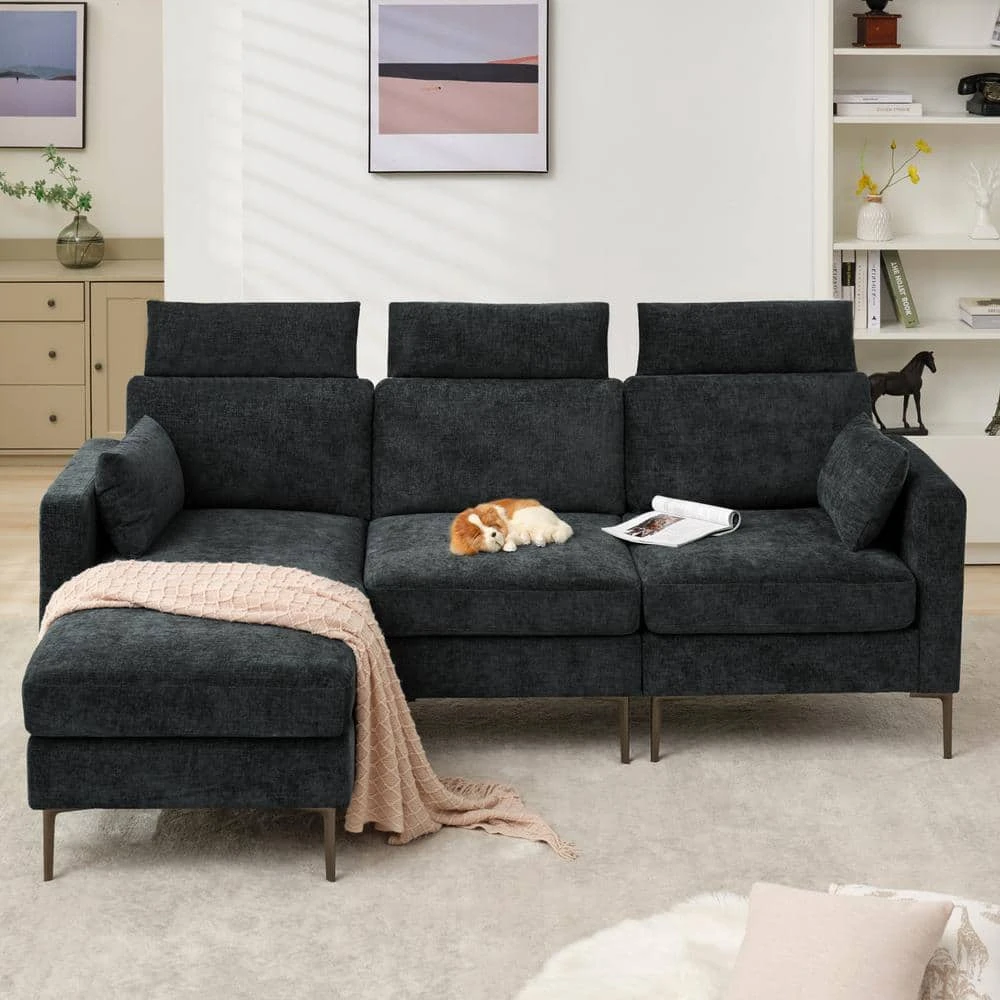 89 In. Square Arm Fabric L Shape Sectional Sofa With Chaise Lounge And Pillow In Carbon Ash 1 89 In. Square Arm Fabric L Shape Sectional Sofa With Chaise Lounge And Pillow In Carbon Ash