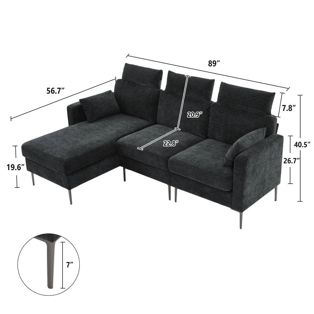 89 In. Square Arm Fabric L Shape Sectional Sofa With Chaise Lounge And Pillow In Carbon Ash 3 89 In. Square Arm Fabric L Shape Sectional Sofa With Chaise Lounge And Pillow In Carbon Ash - Image 3
